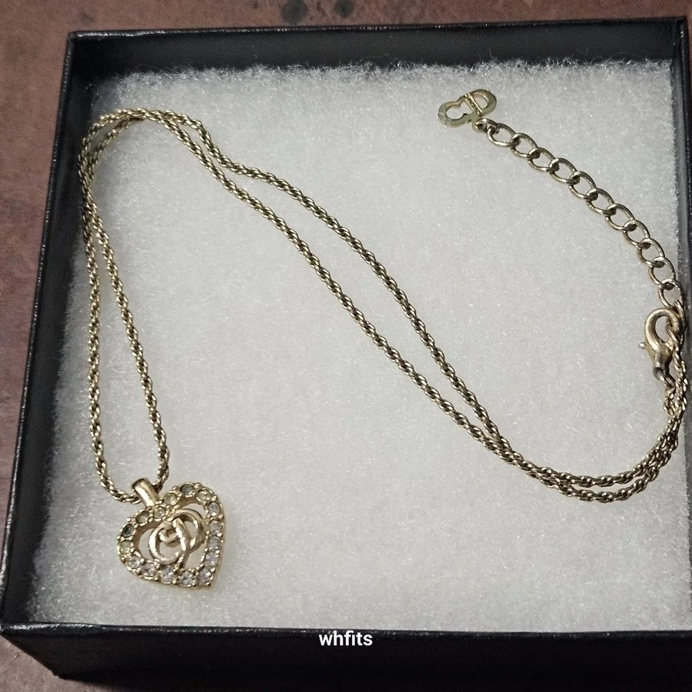Vintage Christian Dior Gold Tone Rhinestone CD Heart Necklace